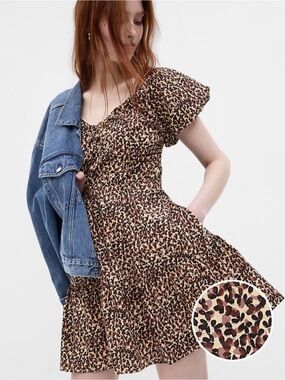 GAP Smocked Leopard Print Dress in Brown and Cream